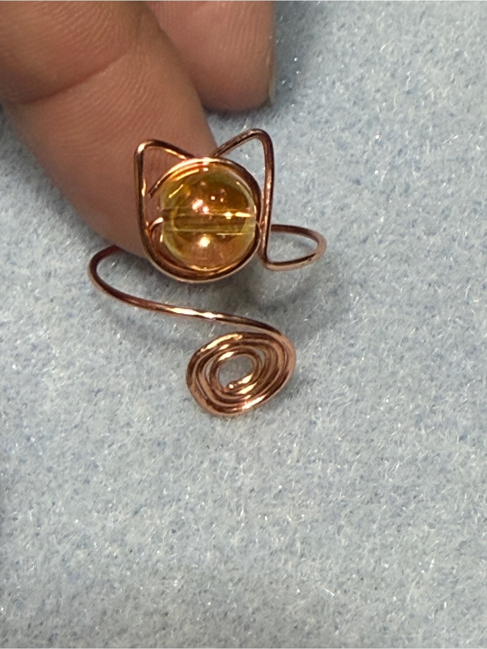 Handcrafted Rose Gold Cat Wrap Ring with Amber Glass Orb